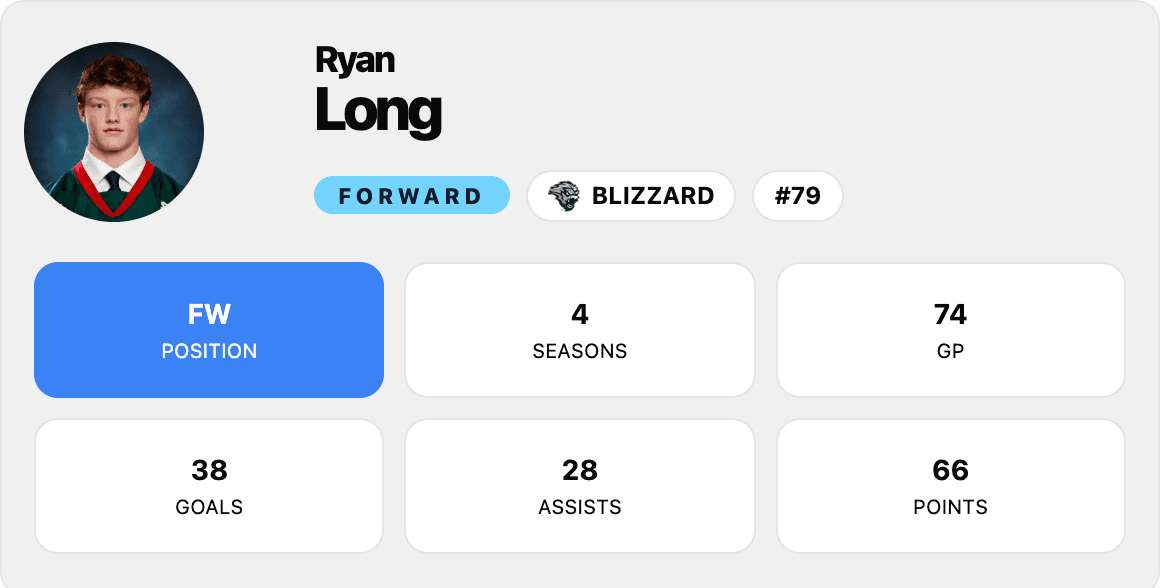 HockeySync player page header: a forward’s photo, name, team and jersey number beside his games played, goals, assists and points