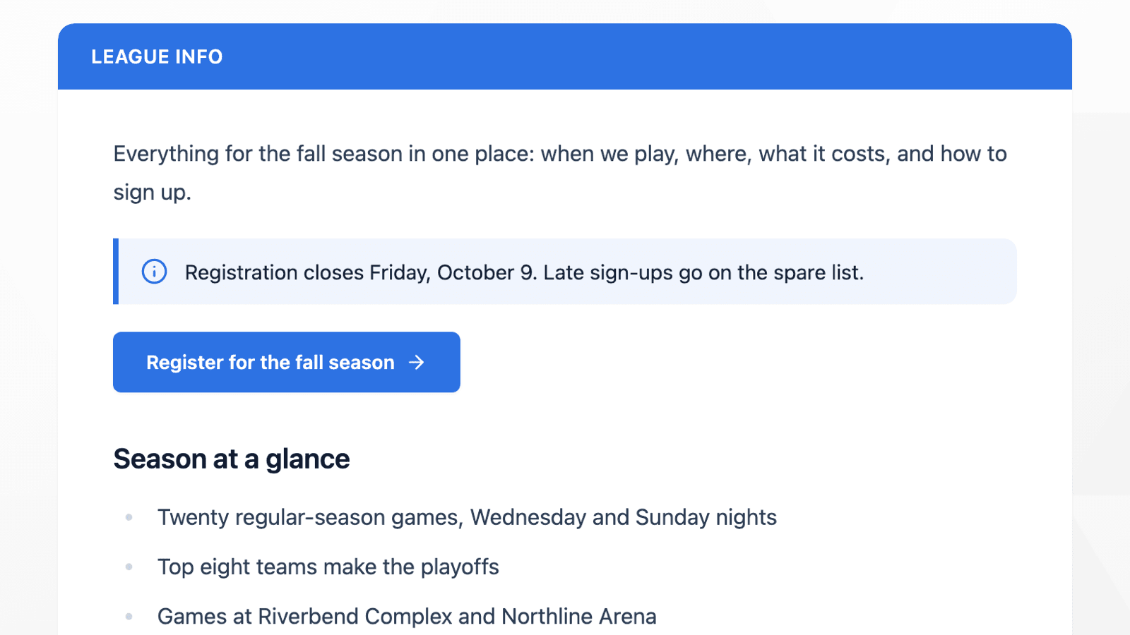 A HockeySync custom league page titled League Info, with an intro paragraph, a callout about the registration deadline, a Register for the fall season button and a Season at a glance list