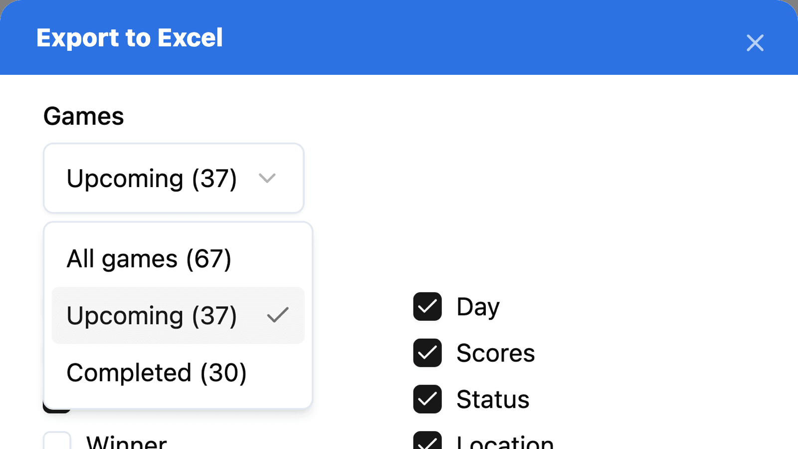 The HockeySync Export to Excel dialog with the Games menu open, offering All games (67), Upcoming (37) and Completed (30), beside the column checkboxes