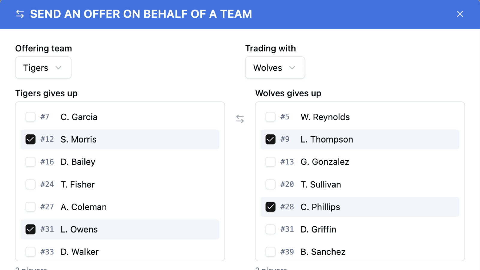 The HockeySync trade offer screen with the Tigers roster on one side, the Wolves roster on the other, and two players checked on each side