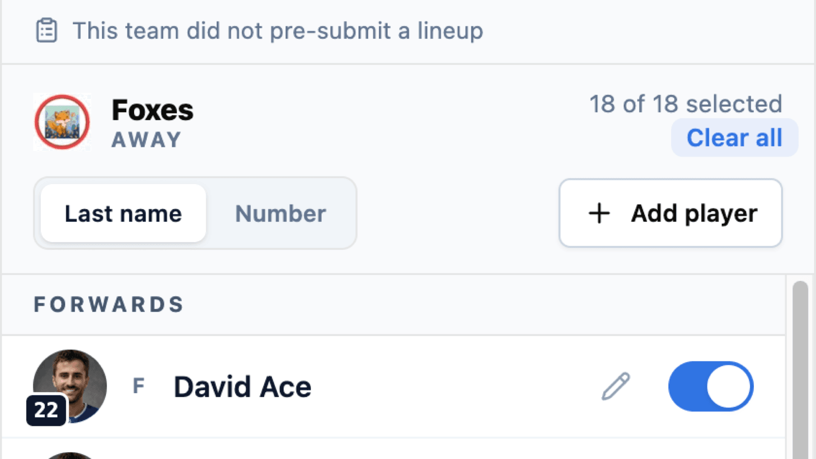 The HockeySync Set Lineups sheet showing whether the team pre-submitted, the away team toolbar with 18 of 18 players selected, and the sort control