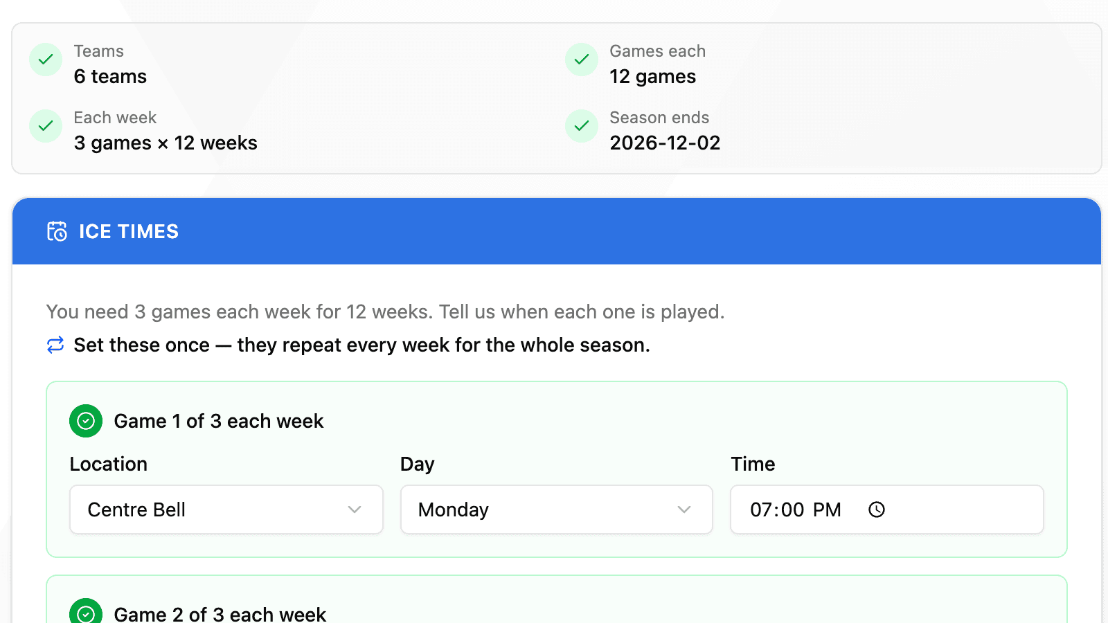 The HockeySync schedule generator showing a six-team league with three games a week over twelve weeks and its weekly ice-time slots