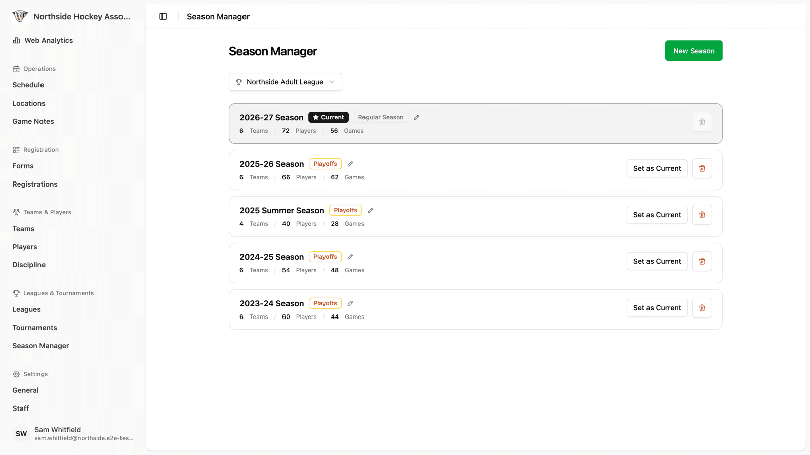 The HockeySync Season Manager listing every season of a league with its team, player, and game counts