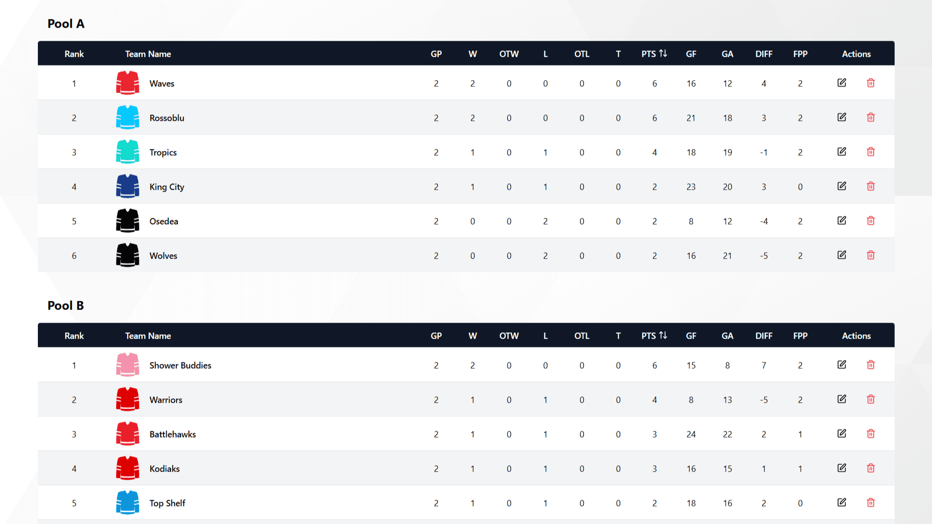 HockeySync league standings page showing the season switcher dropdown