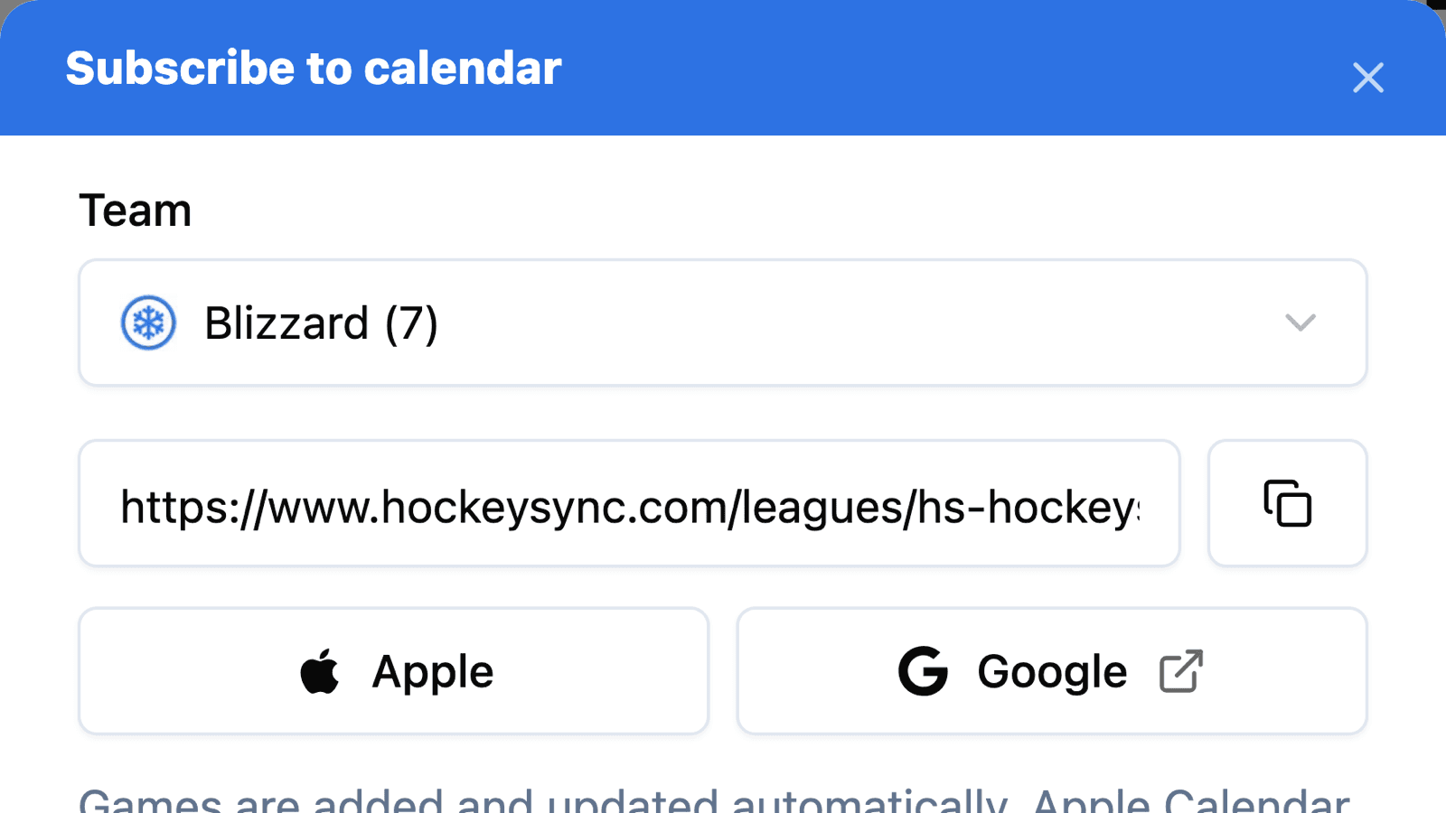 The HockeySync Subscribe to calendar dialog with the Blizzard team selected, its feed URL, and Apple and Google subscribe buttons