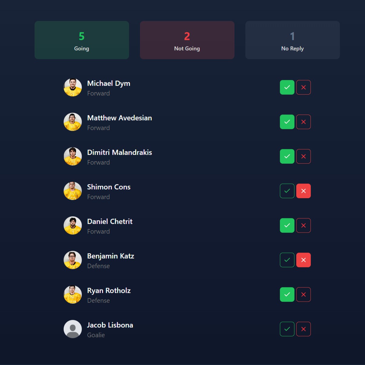 Player RSVPs screenshot